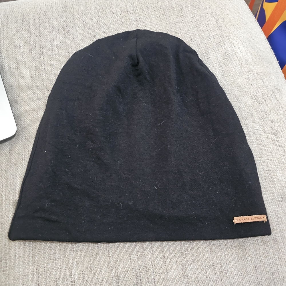 Grace Eleyae Black Knit Beanie / Hat — Satin-Lined Stretch Knit, One Size